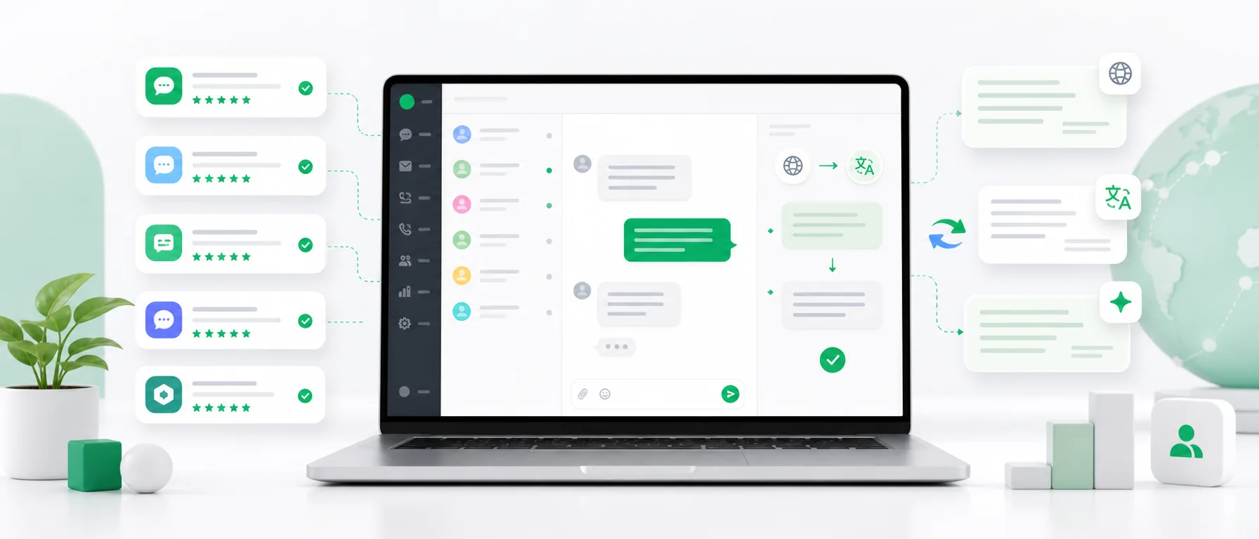 Comparison of live chat tools with translation, a support inbox, and messages from multiple countries
