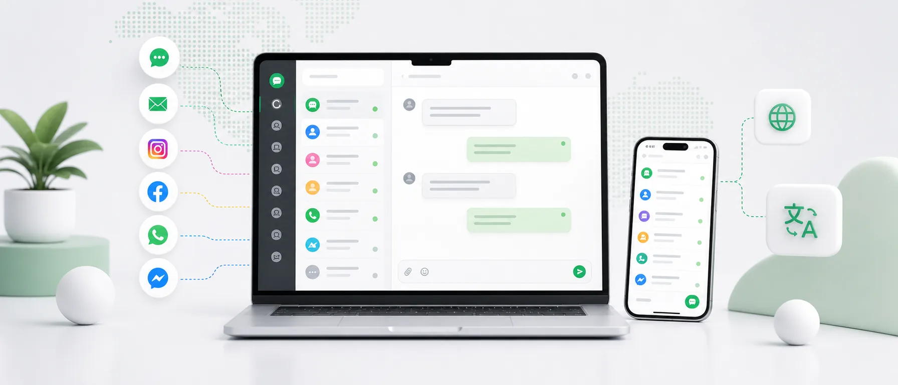 Laptop with the Chataptor dashboard receiving messages from website chat, WhatsApp, Facebook, Instagram, Allegro and email