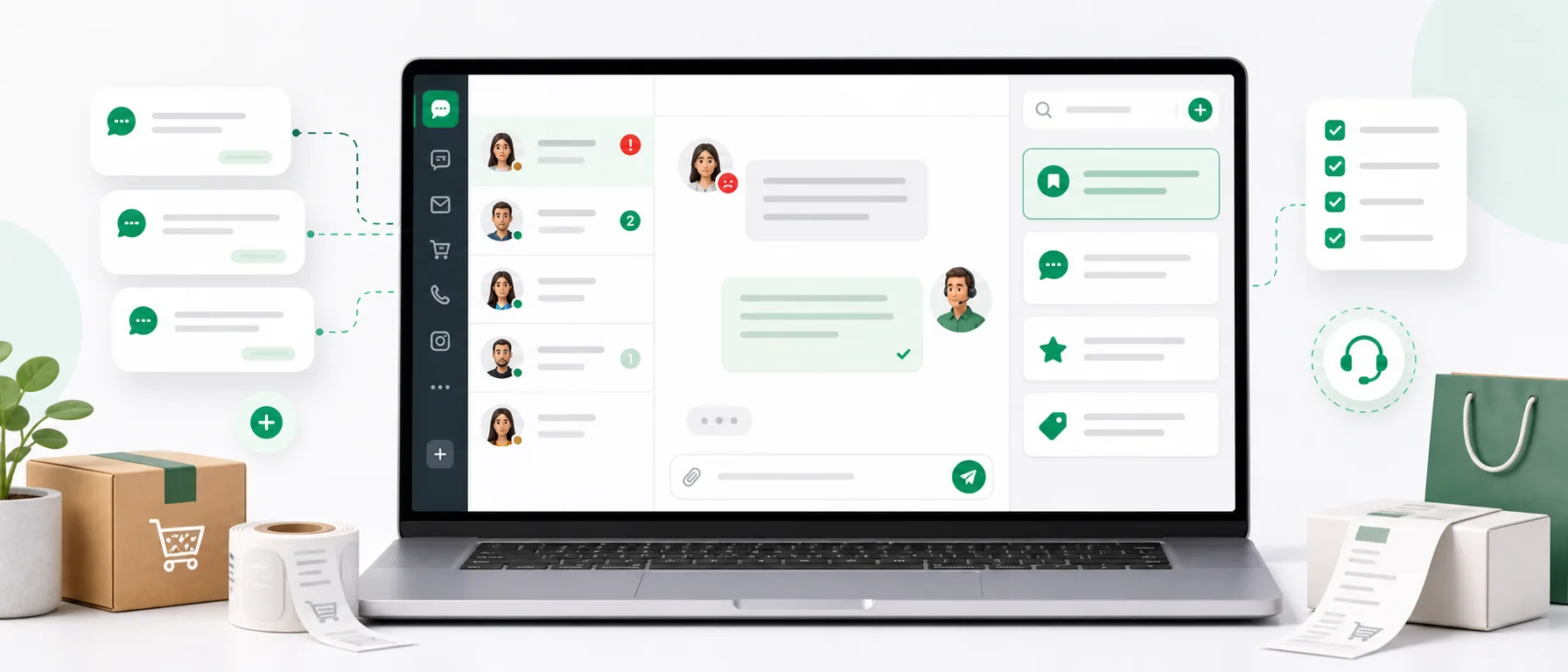Ecommerce customer support inbox with response templates, a customer conversation and a parcel ready for shipping