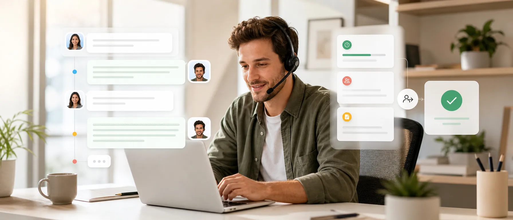 Customer support specialist managing an organized live chat conversation