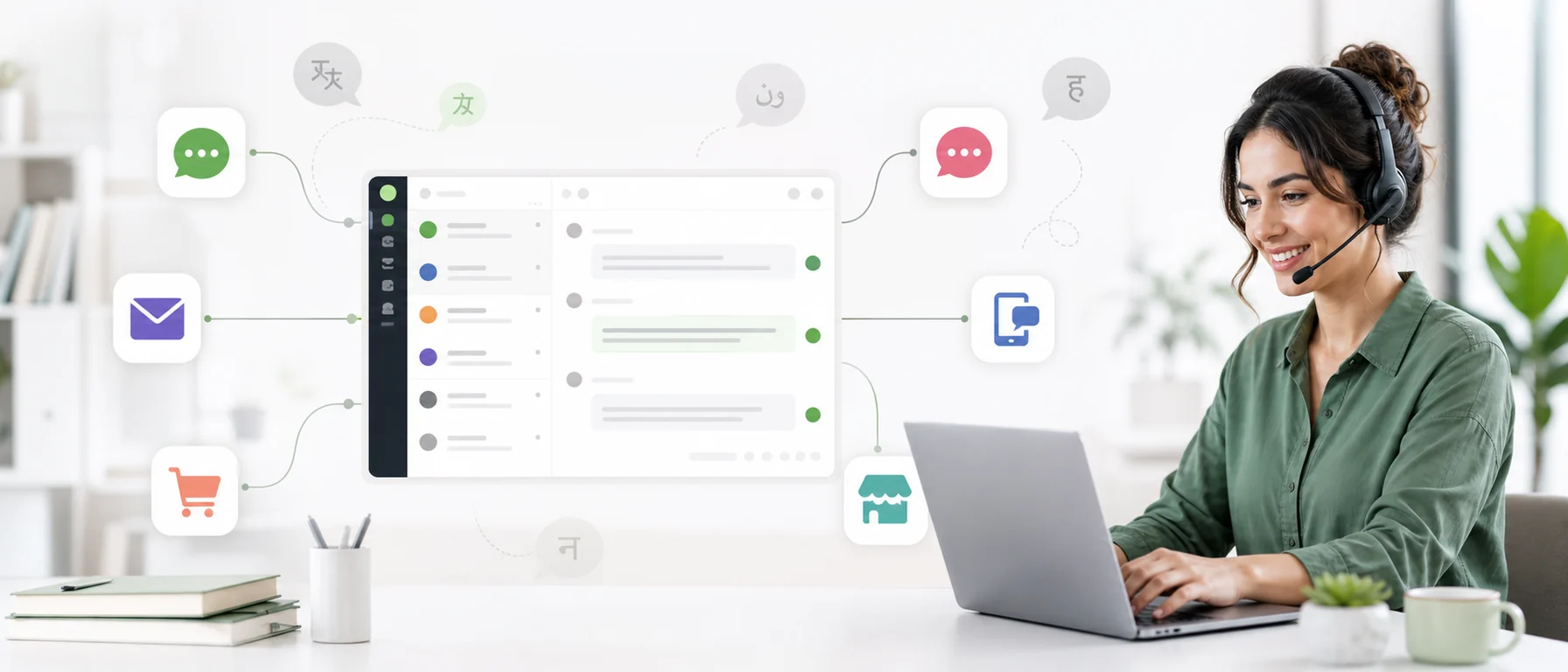 Customer support specialist using one shared inbox for live chat, email, social media and marketplace messages