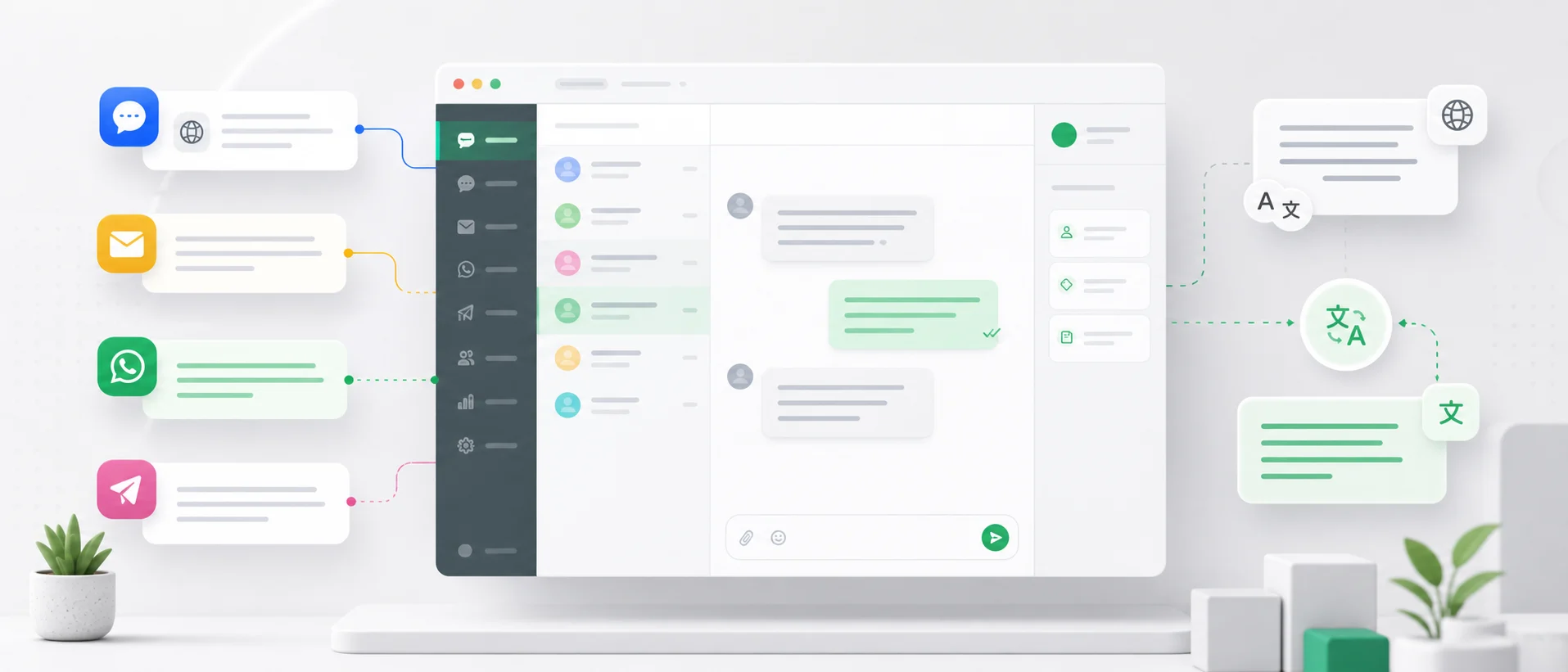 Omnichannel inbox with website chat, email, messaging channels and automatic translation