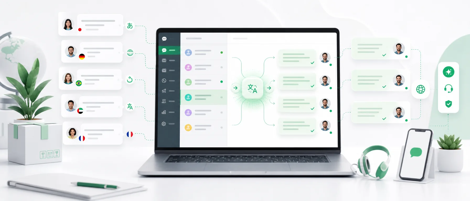Minimal customer support inbox with international customer messages and an AI translation motif